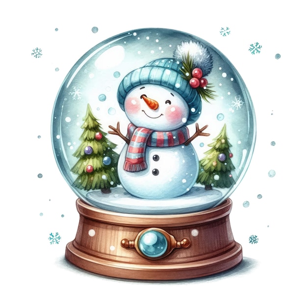 a snowman in a snow globe with trees in the background