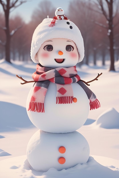 A snowman in a snowy scene with a red and white hat and scarf.