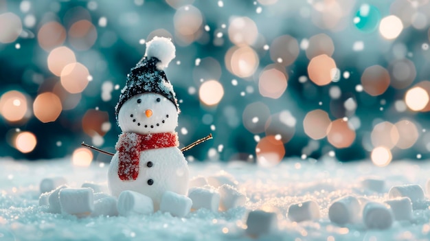 Snowman on a snowy surface with festive bokeh lights in the background concept holiday cheer