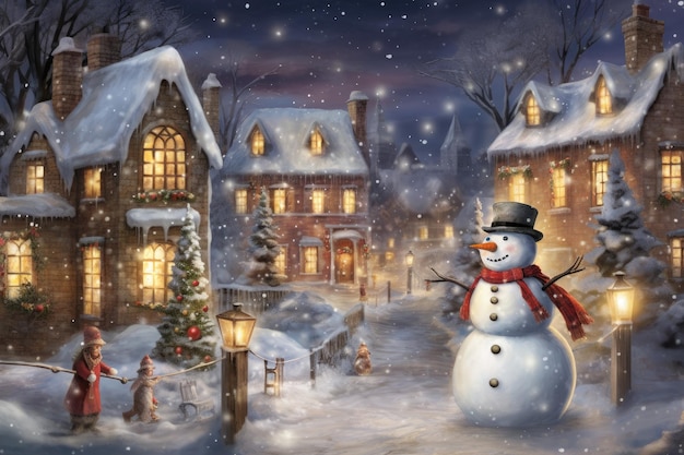 Snowman in a snowy village Winter scene Christmas background A snowy village with twinkling fairy lights and snowmen wearing scarves AI Generated