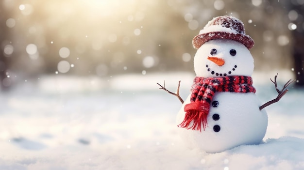 Snowman standing in christmas landscape Merry christmas and happy new year greeting card background