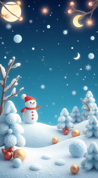 A snowman stands on a snowy hill with a night sky and glowing ornaments