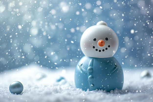 Snowman toy on snow with bokeh background Christmas and New Year concept