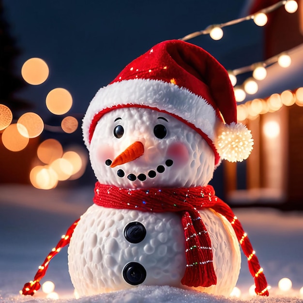 snowman wearing santa hat with christmas lights