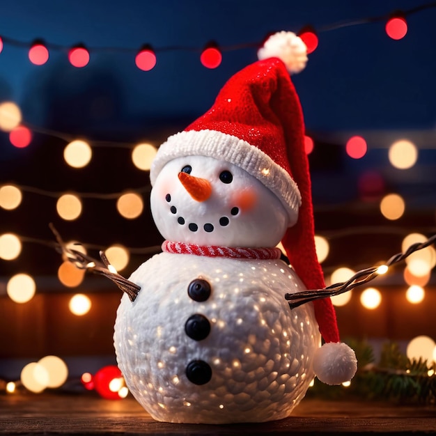 snowman wearing santa hat with christmas lights