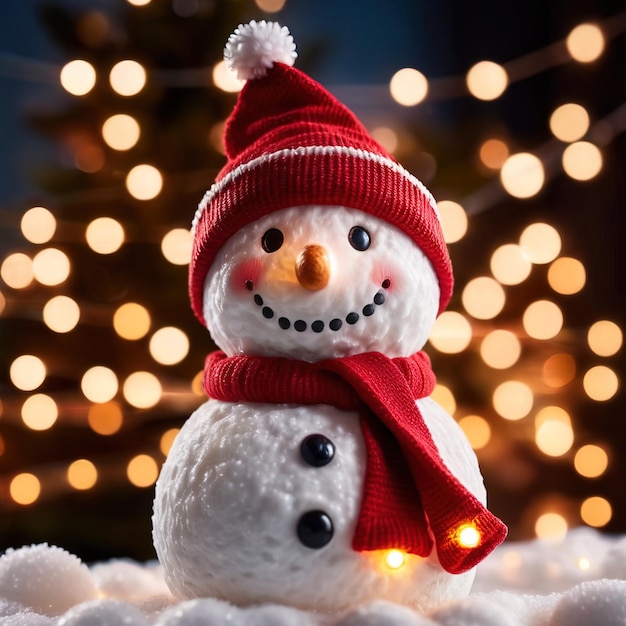 snowman wearing santa hat with christmas lights