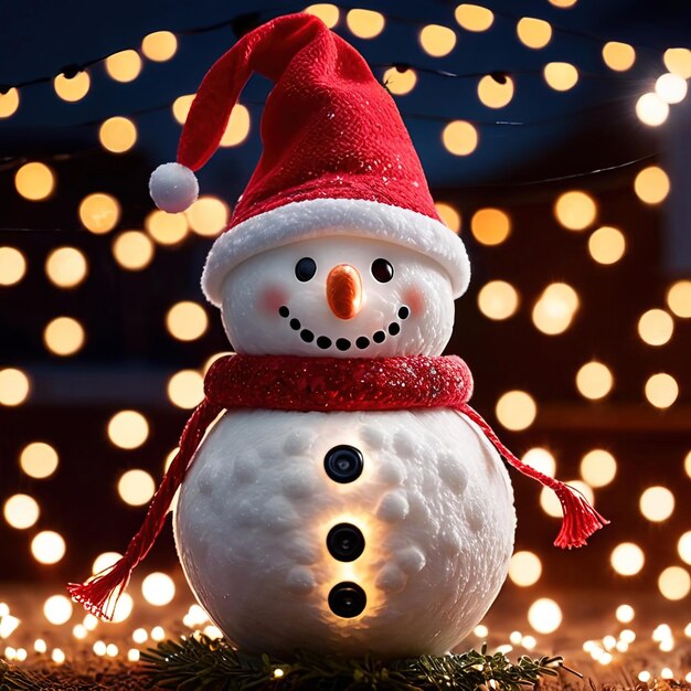 snowman wearing santa hat with christmas lights