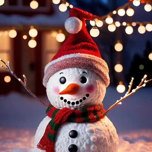 snowman wearing santa hat with christmas lights