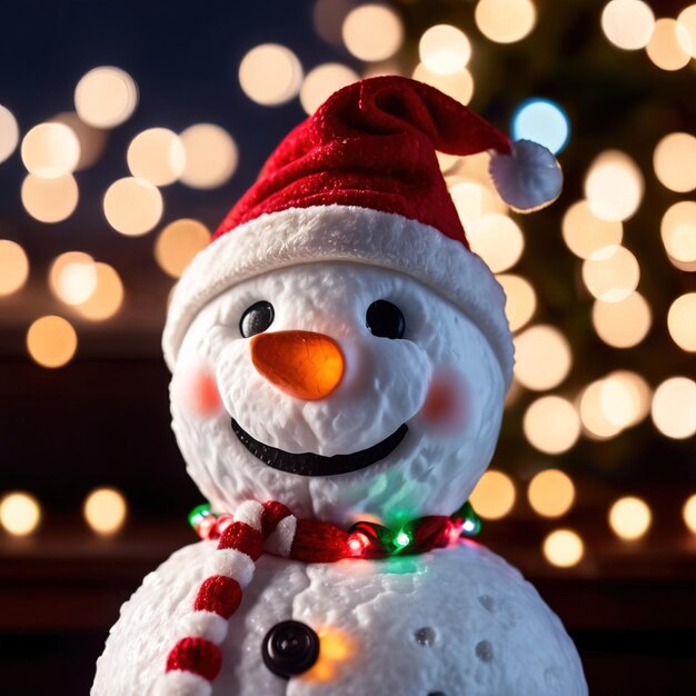 snowman wearing santa hat with christmas lights