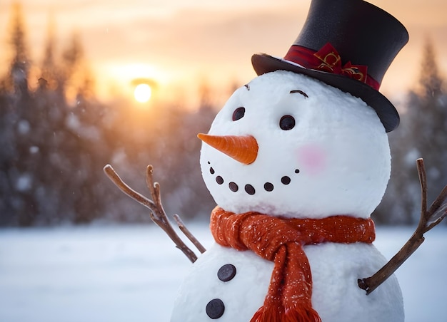 Snowman wearing a top hat and scarf enjoying a beautiful winter sunset