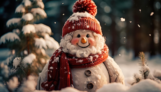 Snowman in a winter Christmas scene with snow pine trees and warm light Generative AI