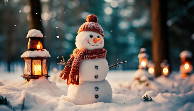 Snowman in a winter Christmas scene with snow pine trees and warm light Generative AI