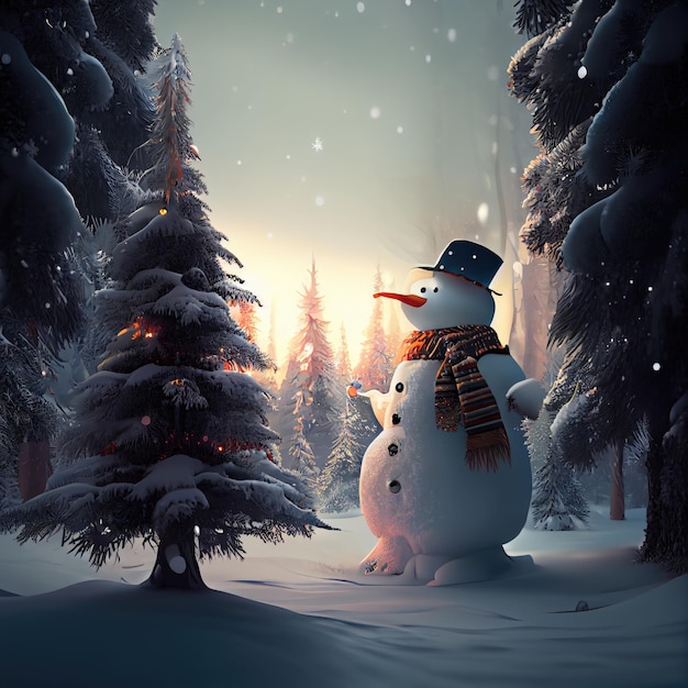 Snowman in the winter forest Generative AI