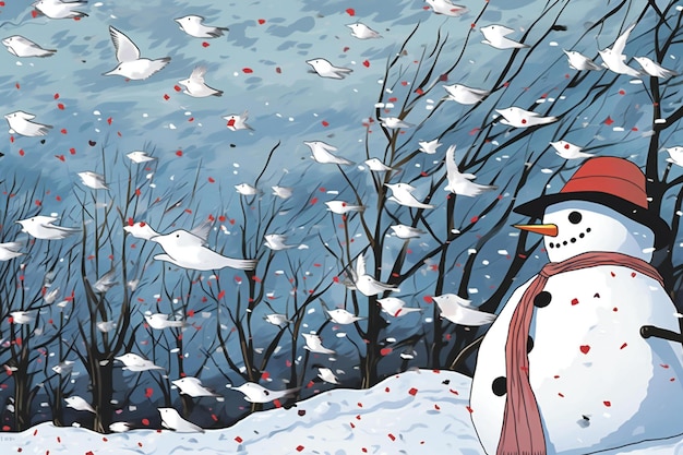 Snowman in the winter forest with a flock of birds