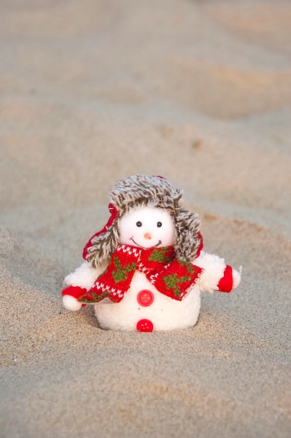 Snowman in winter hat on the tropical beach