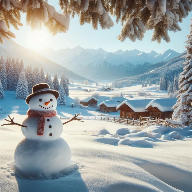 Photo snowman on winter landscape background