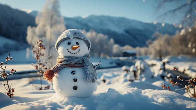 Snowman in Winter Landscape with Falling Snow