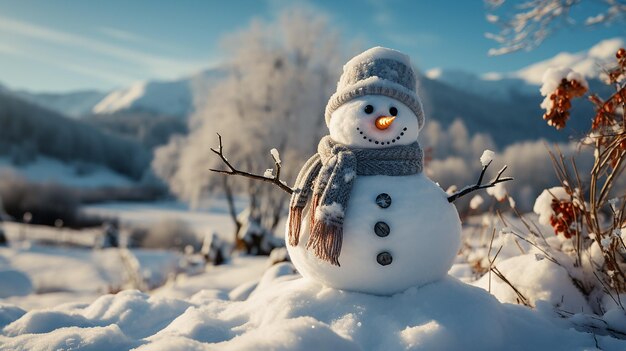 Snowman in Winter Landscape with Falling Snow