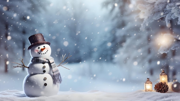 Snowman In Wintry Landscape with copy space banner winter concept photo