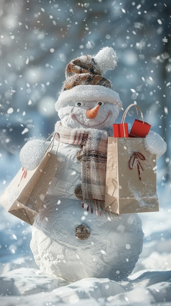 Photo a snowman with a bag of gifts in the snow