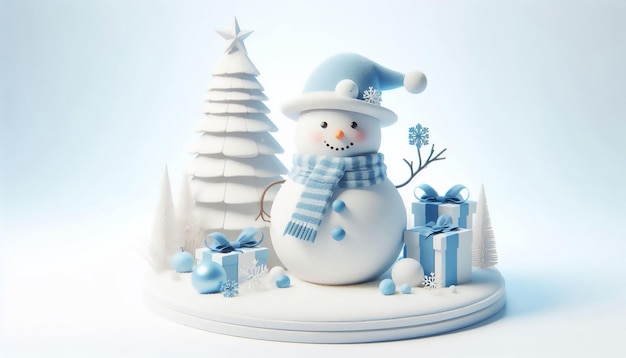 a snowman with a blue hat and a blue scarf