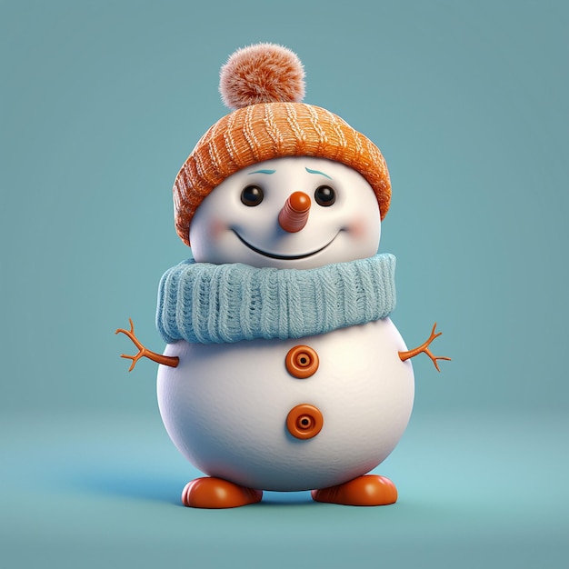 A snowman with a blue hat and a blue sweater