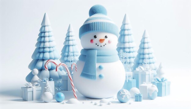 a snowman with a blue hat and a santa hat is standing in front of a snowman