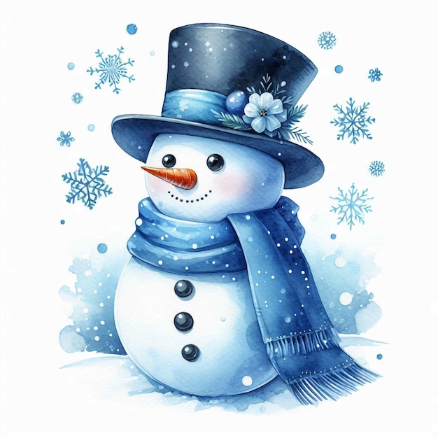 a snowman with a blue hat and a scarf that says snowman