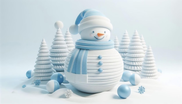 a snowman with a blue hat and snowman in the background