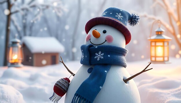 Photo a snowman with a blue scarf and hat surrounded by snow glowing lantern winter background wallpaper