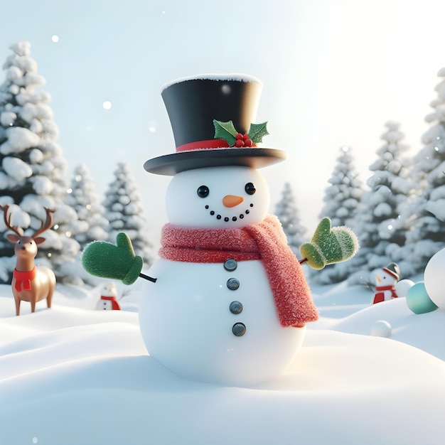 Snowman with broom and Christmas tree on background 3d illustration