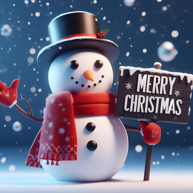 Snowman with broom and Christmas tree on background 3d illustration