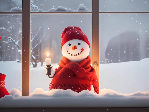 a snowman with a candle in the window.