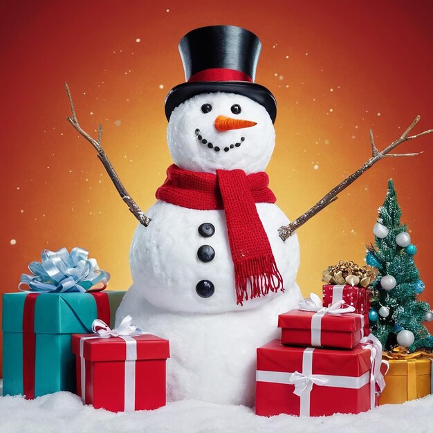 Photo snowman with a carrot nose hat scarf coal buttons and stick arms standing outside