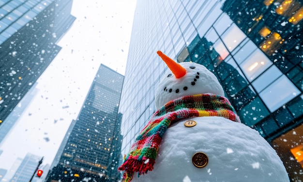 Photo snowman with a colorful scarf in front of towering skyscrapers during snowfall