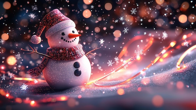 Snowman with Festive Lights and Falling Snow