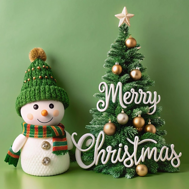 a snowman with a green hat and a snowman in front of a christmas tree