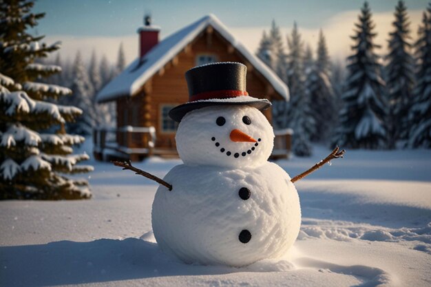 Photo a snowman with a hat and a hat is in the snow