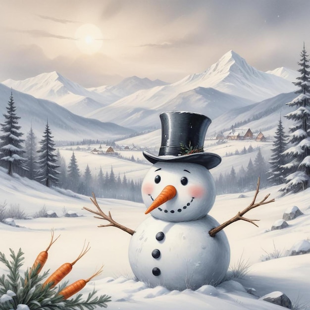 a snowman with a hat and a hat is standing in the snow