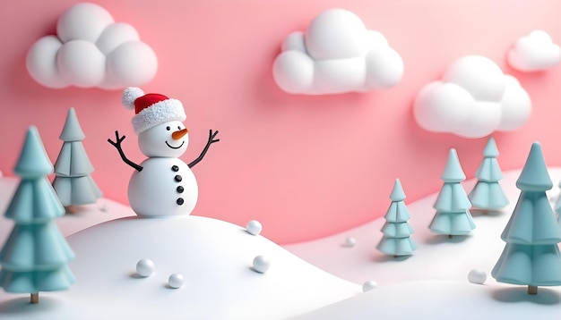 a snowman with a hat on his head stands in a snowy landscape