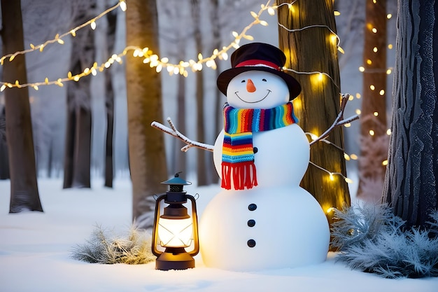 Photo a snowman with a hat and a lantern in the snow