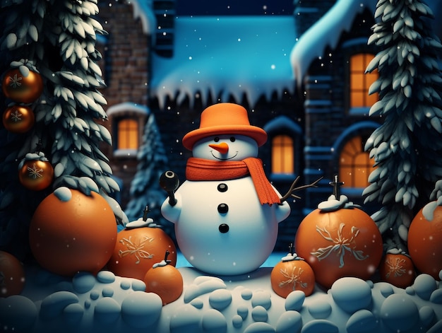 a snowman with a hat and orange pumpkins in a snowy night