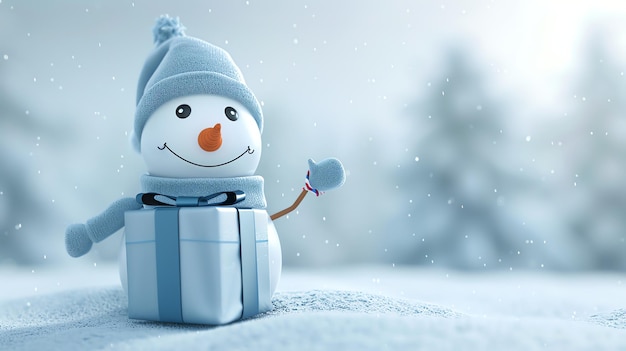 Photo a snowman with a hat scarf and a gift