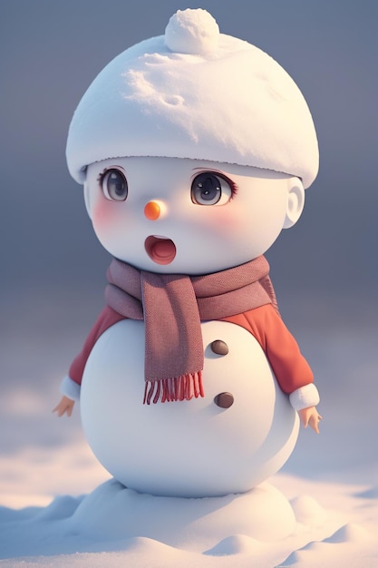 A snowman with a hat and scarf is in the snow.