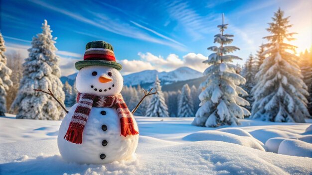 Photo a snowman with a hat and scarf is standing in the snow