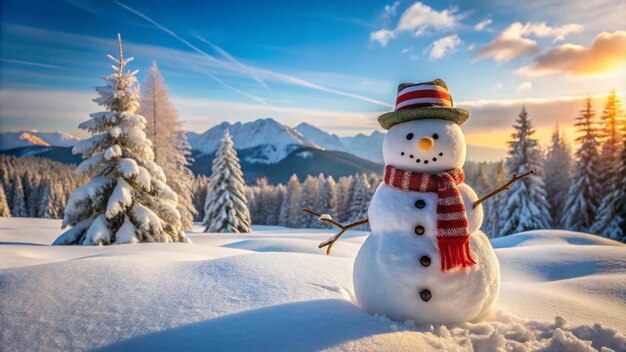 Photo a snowman with a hat and scarf is standing in the snow