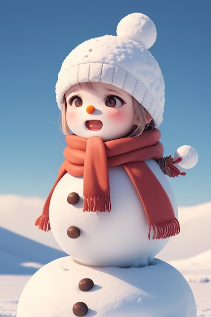 A snowman with a hat and scarf is standing in the snow.