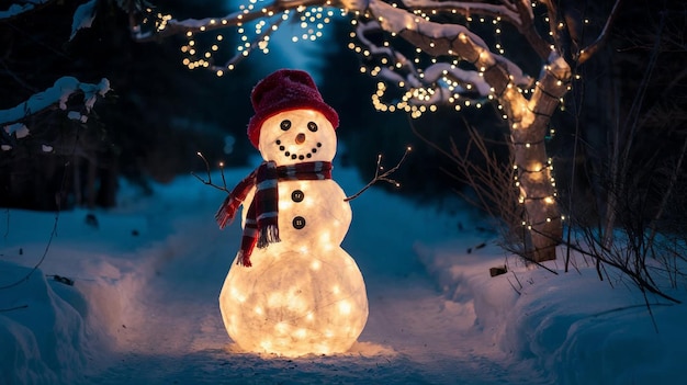 Photo a snowman with a hat and scarf is surrounded by lights