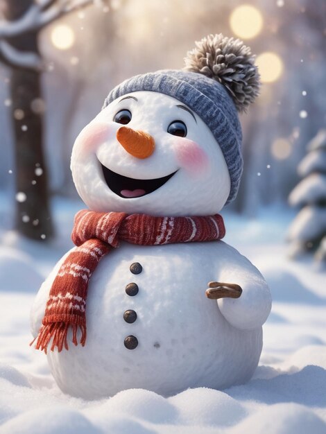 snowman with a hat and scarf on it in the snow