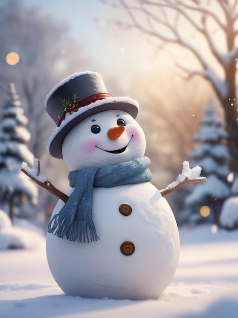 snowman with a hat and scarf on it in the snow